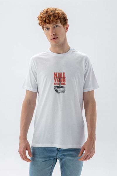 White Soft Fabric Kill Your Friends Design Short Sleeve Tee