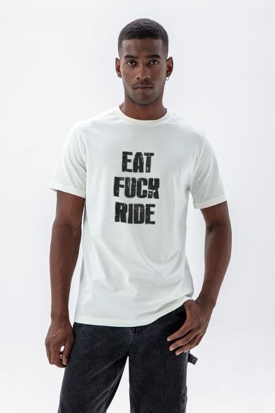 Off White Soft Fabric eat f**k ride Design Short Sleeve Tee