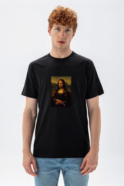 Black Soft Fabric Monalisa with cigar Design Short Sleeve Tee