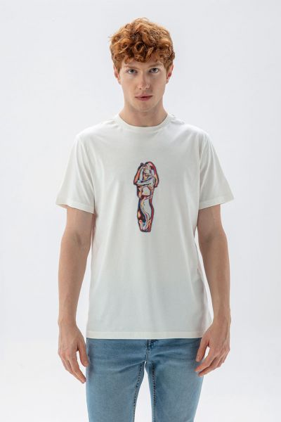 Off White Soft Fabric Awake Design Short Sleeve Tee