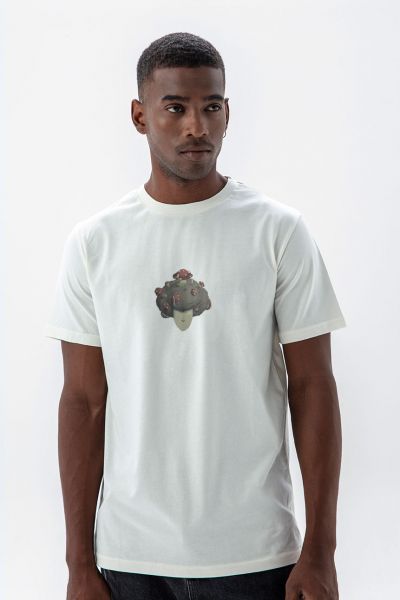 Off White Soft Fabric Soil Mushroom Design Short Sleeve Tee