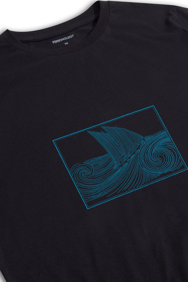 Black Soft Fabric Ocean Design Short Sleeve Tee