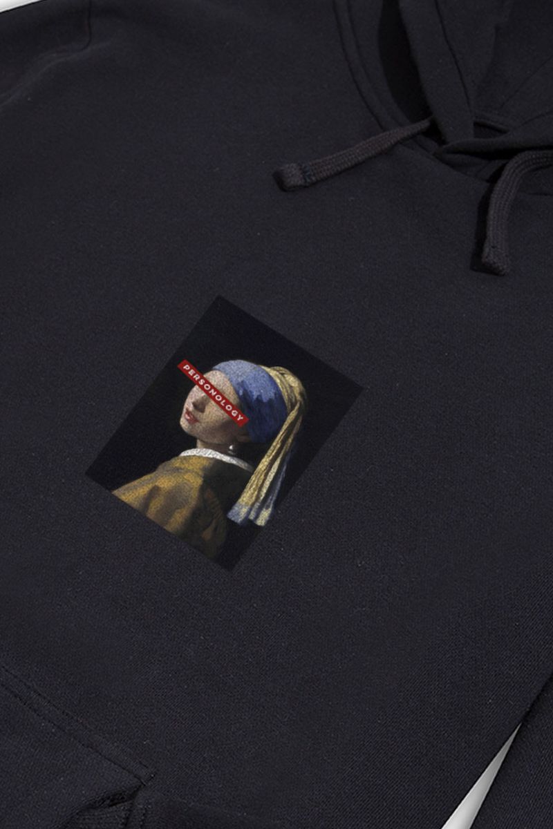 Black Premium Cotton Girl with a Pearl Earring Design Pullover Hoodie