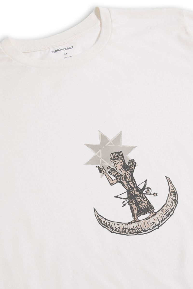 Off White Soft Fabric Theology Design Short Sleeve Tee