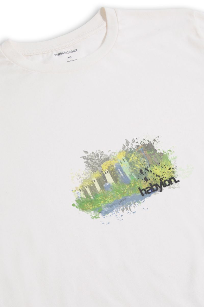 Off White Soft Fabric Babylon Design Short Sleeve Tee