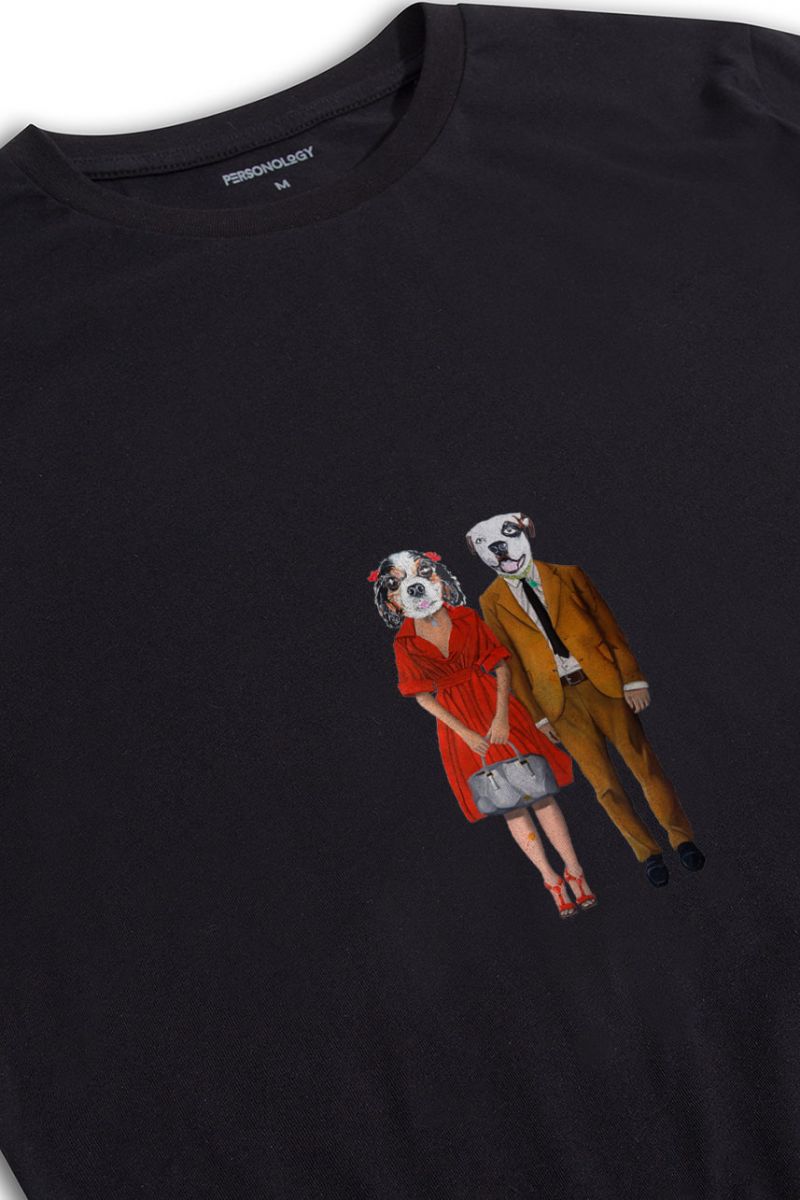 Black Soft Fabric Dogs Partners Design Short Sleeve Tee