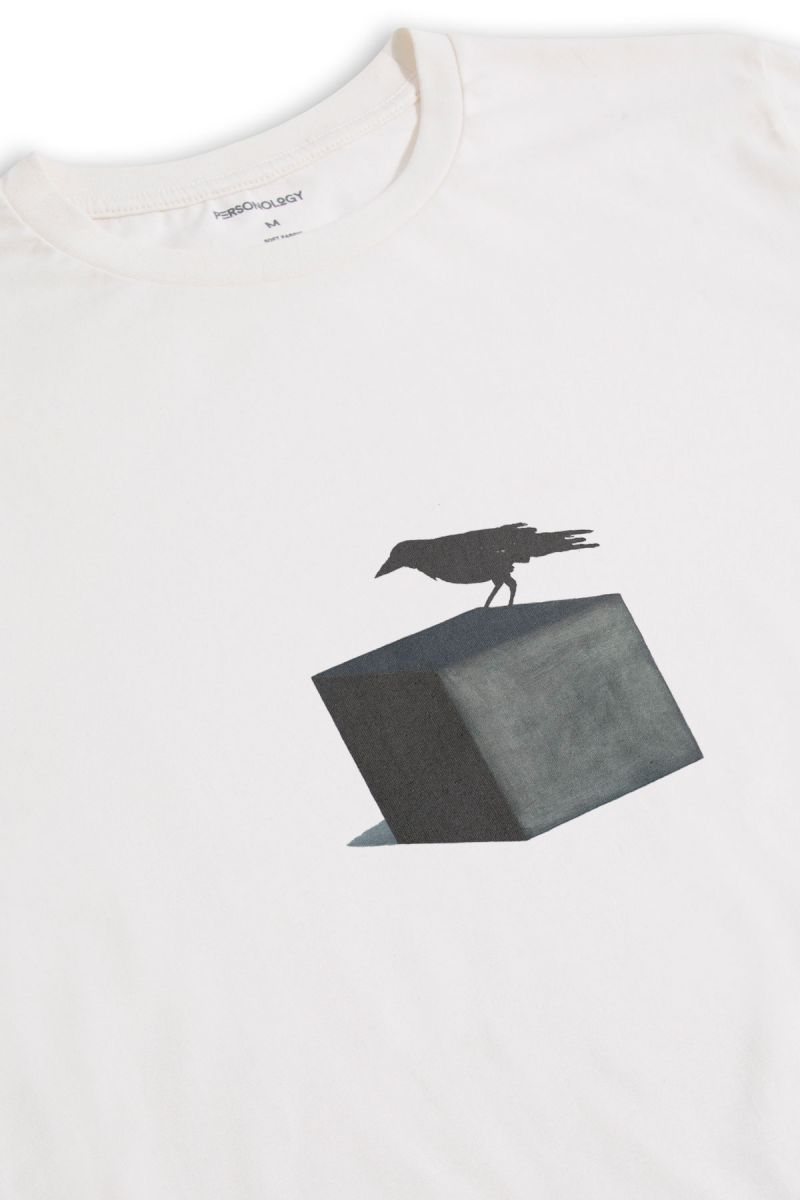 Off White Soft Fabric Black Bird Design Short Sleeve Tee