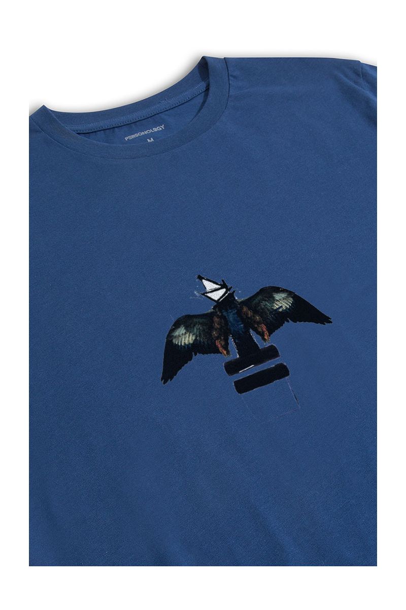 Navy Soft Fabric Black Bird Design Short Sleeve Tee