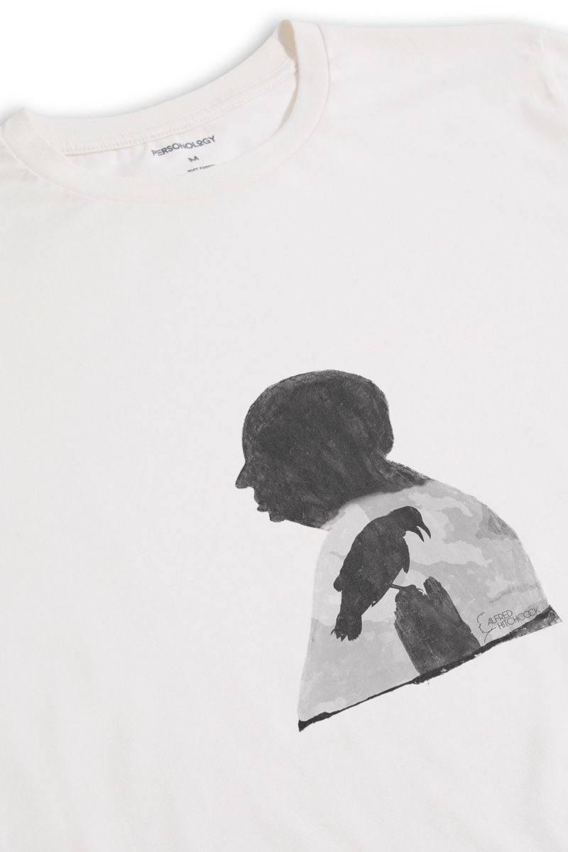Off White Soft Fabric Alfred Hitchcock Design Short Sleeve Tee