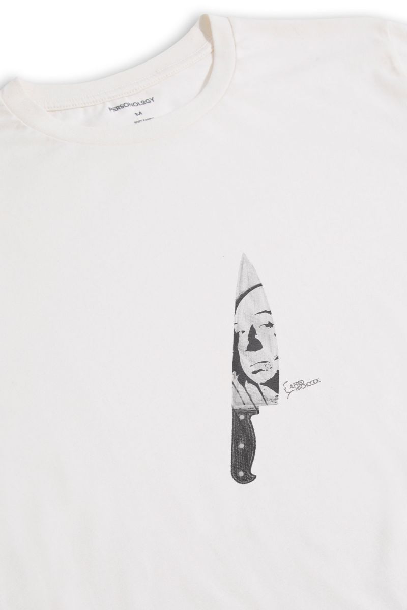 Off White Soft Fabric Alfred Hitchcock Design Short Sleeve Tee