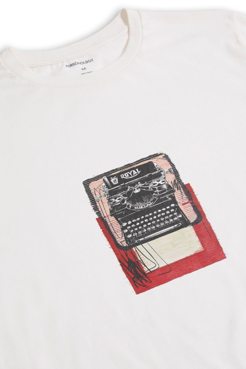 Off White Soft Fabric Typewriter Design Short Sleeve Tee