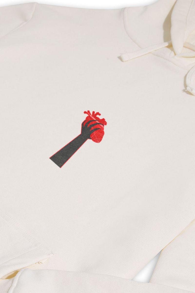 Ecru Premium Cotton Heart in Hand Design Pullover Hoodie