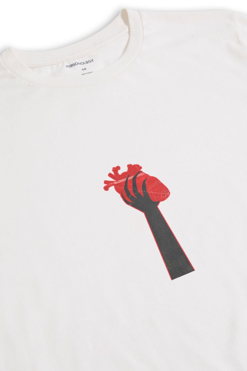 Off White Soft Fabric Heart in Hand Design Short Sleeve Tee