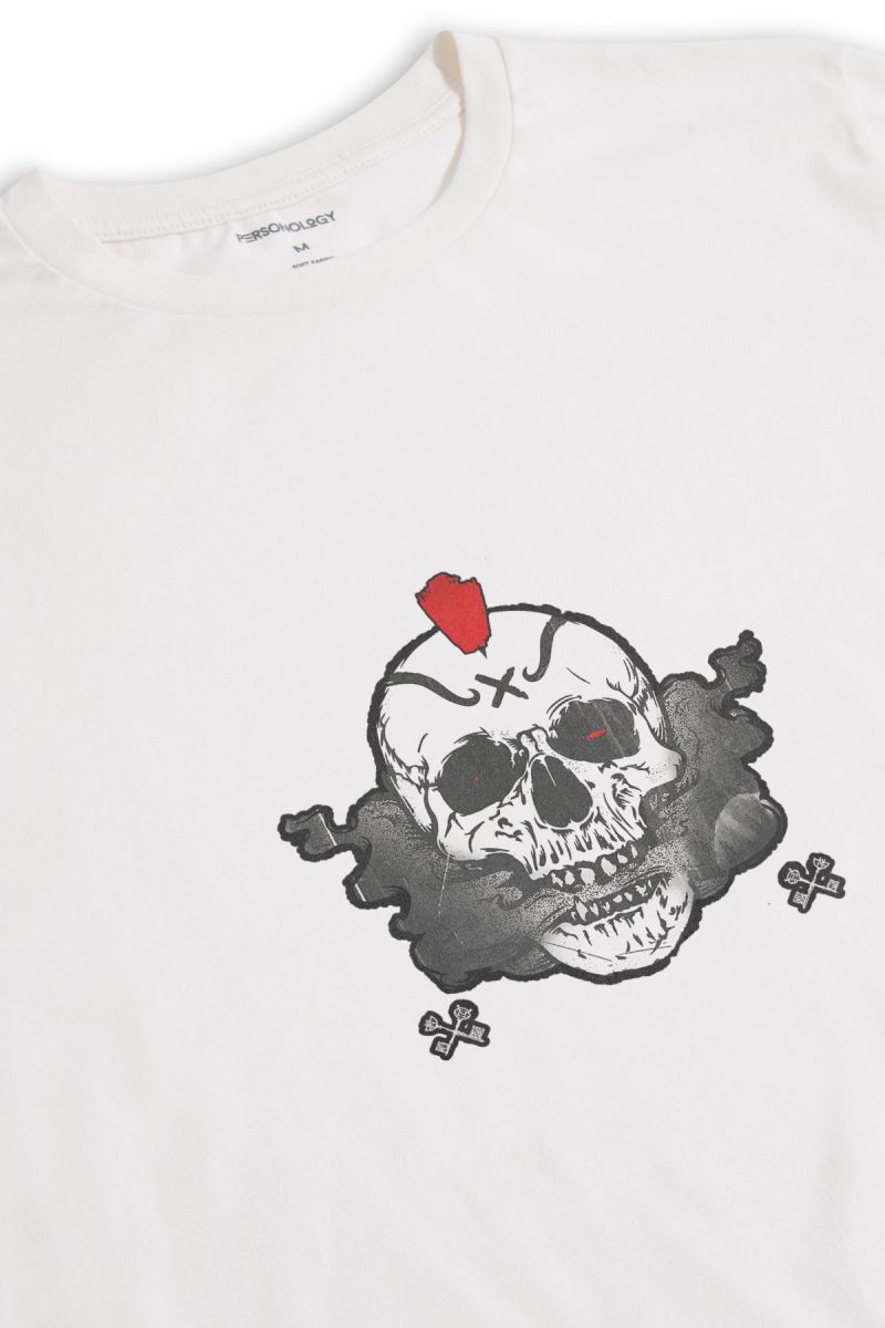 Off White Soft Fabric Skull Design Short Sleeve Tee