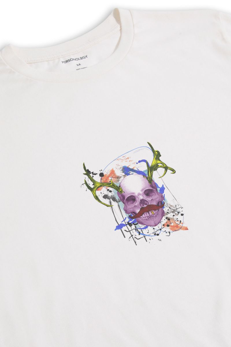 Off White Soft Fabric Skull Design Short Sleeve Tee