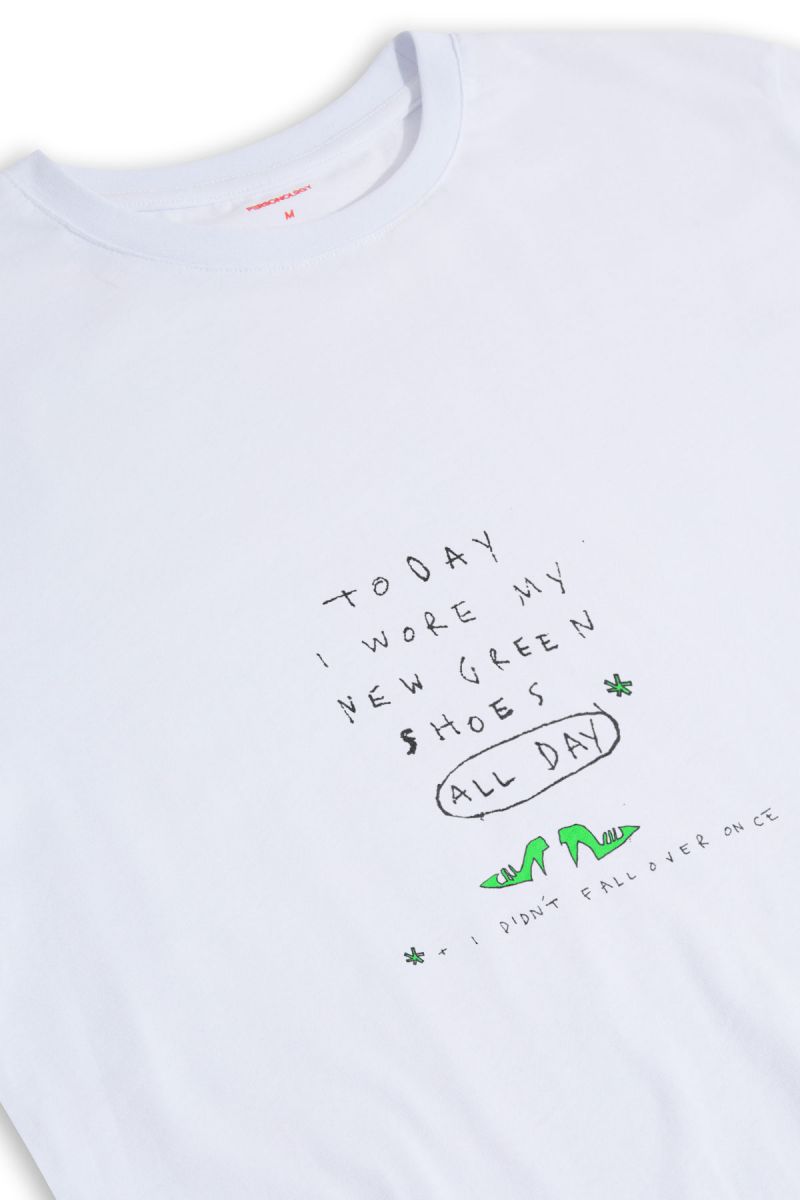 White Soft Fabric Green Shoes Design Short Sleeve Tee