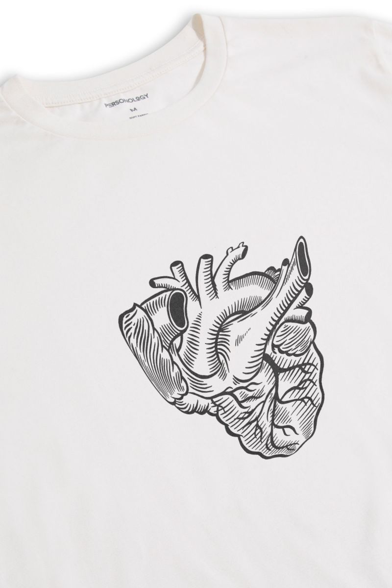 Off White Soft Fabric Heart Design Short Sleeve Tee