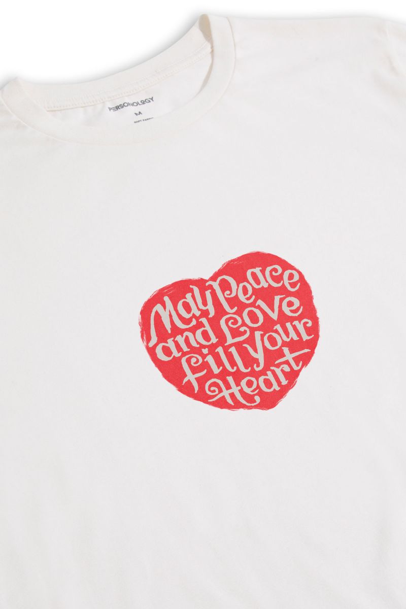 Off White Soft Fabric Peace and Love Design Short Sleeve Tee