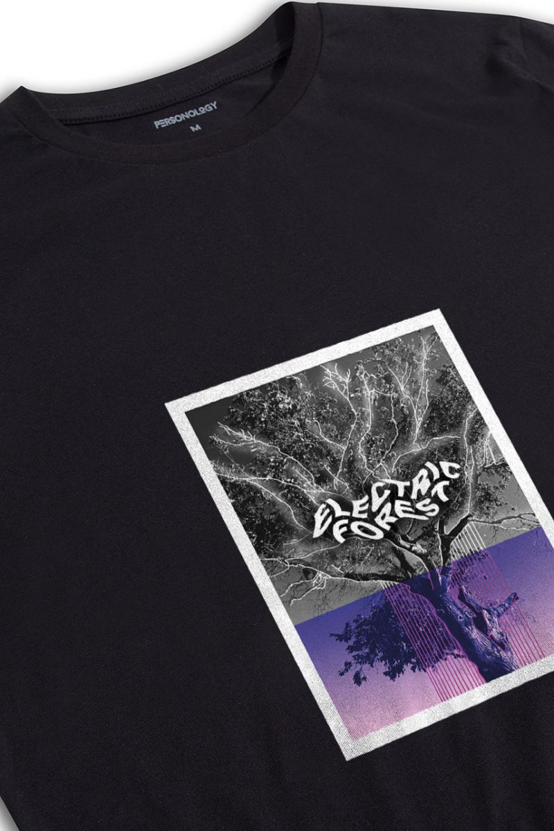 Black Soft Fabric Electric Forest Design Short Sleeve Tee