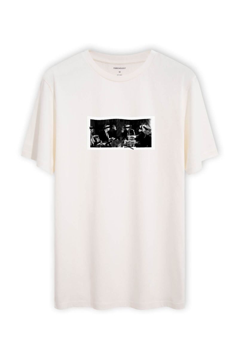 Off White Soft Fabric Bosses Design Short Sleeve Tee