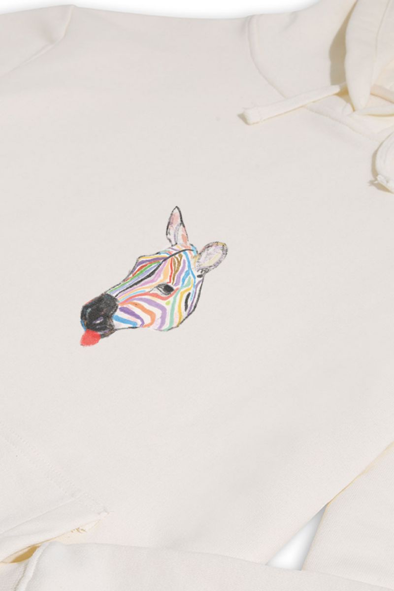 Ecru Premium Cotton Rainbow Zebra Design Pullover Hoodie