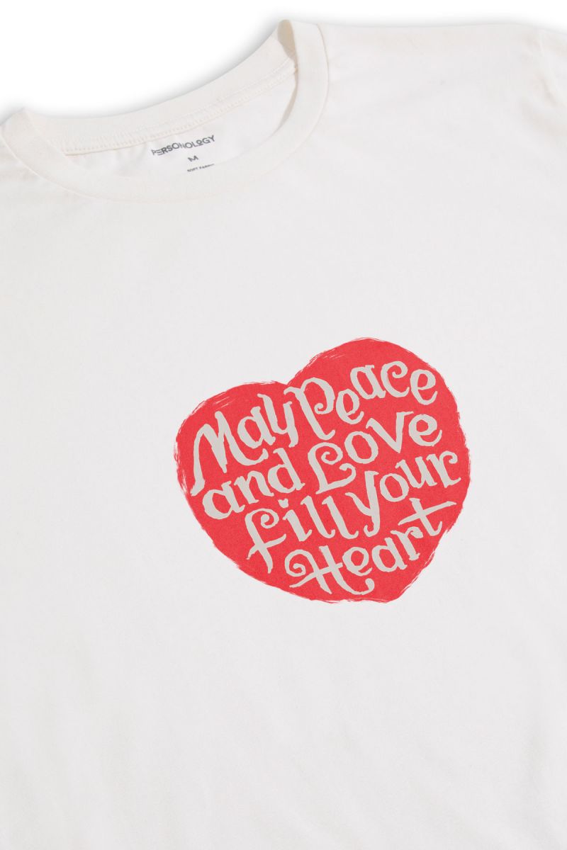 Off White Soft Fabric Peace and Love Fill your Heart Design Short Sleeve Tee