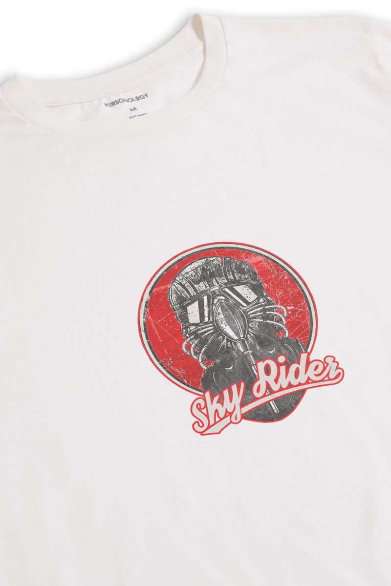 Off White Soft Fabric Sky Rides Design Short Sleeve Tee