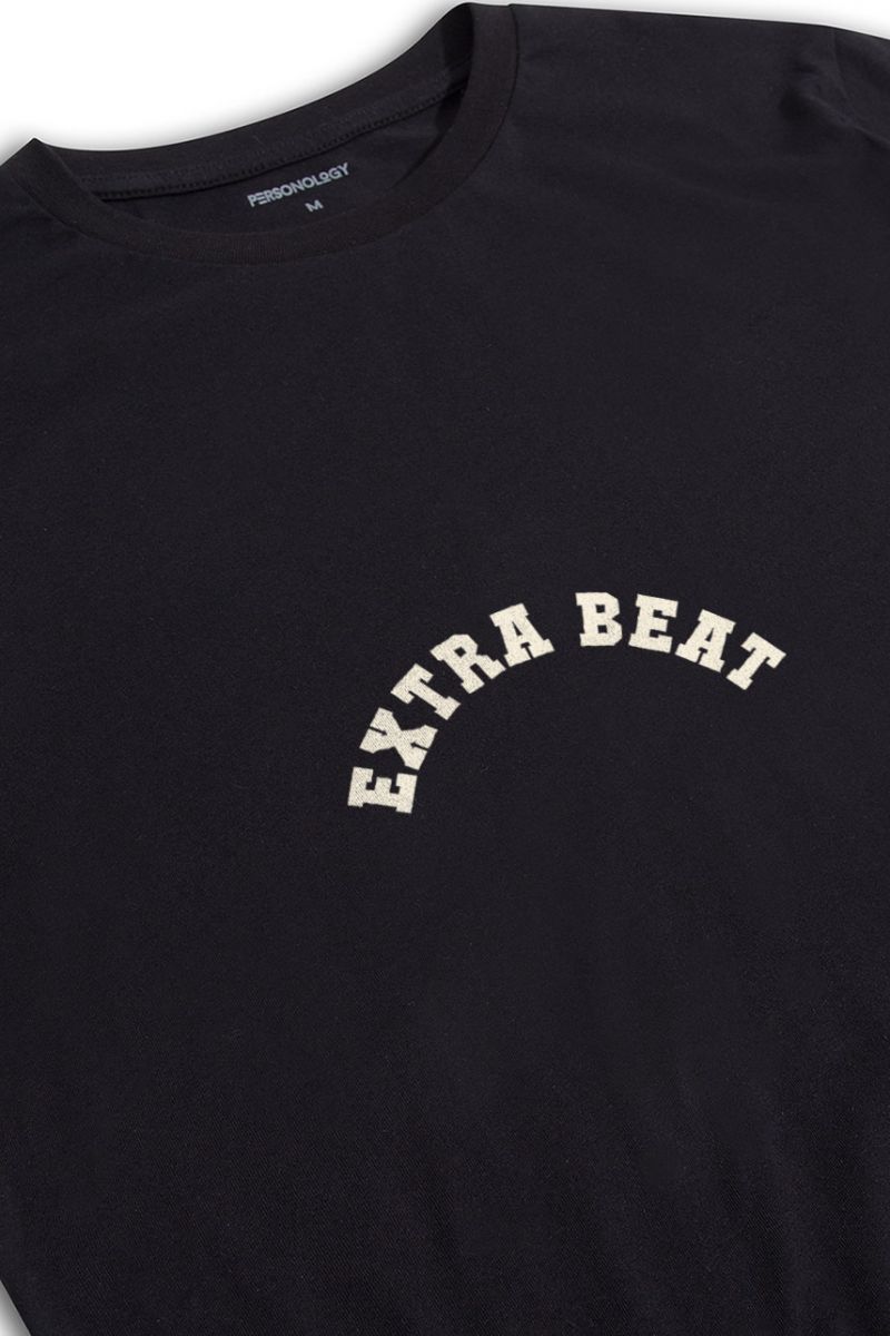 Black Soft Fabric Extra Beat Design Short Sleeve Tee