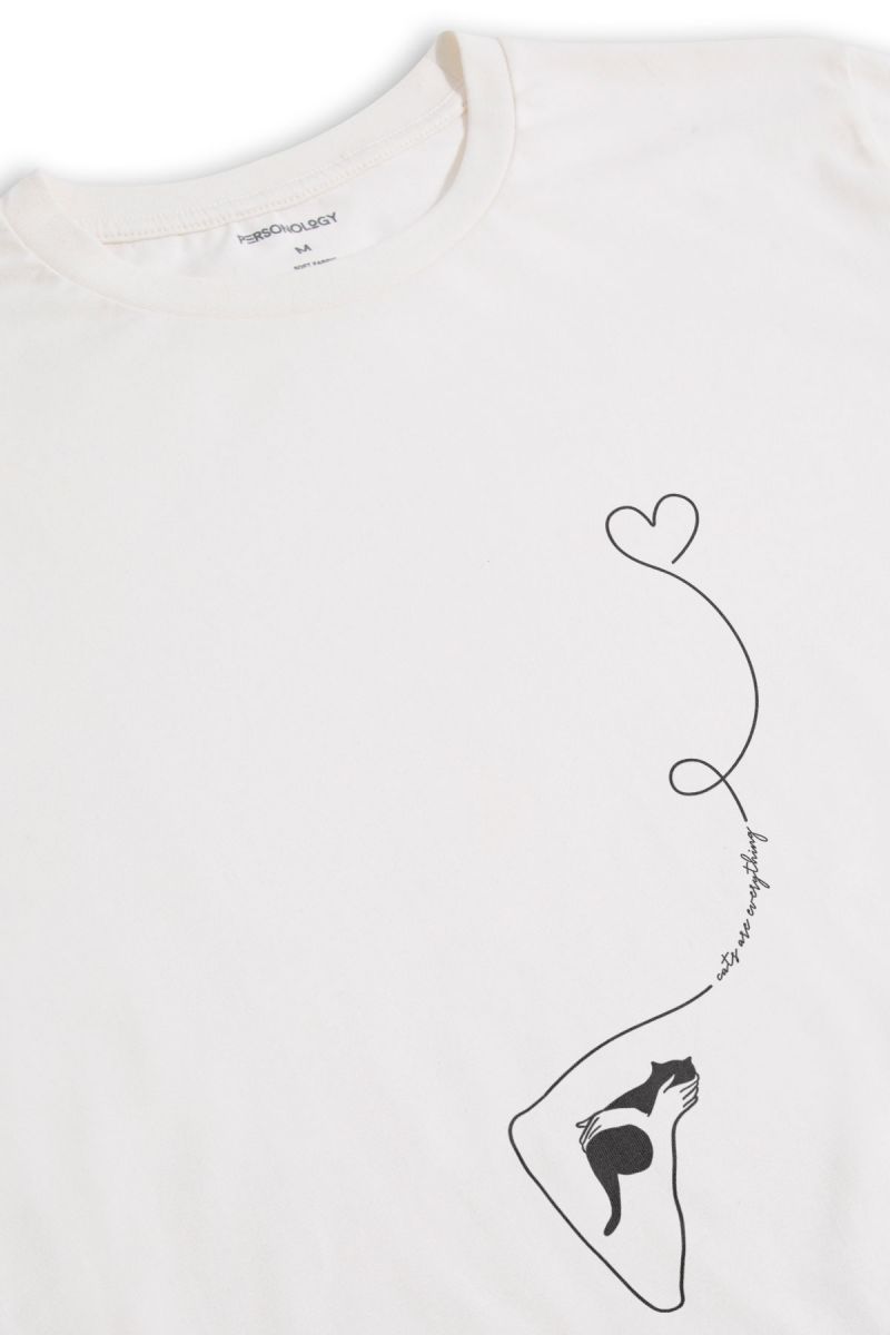 Off White Soft Fabric Cat Design Short Sleeve Tee