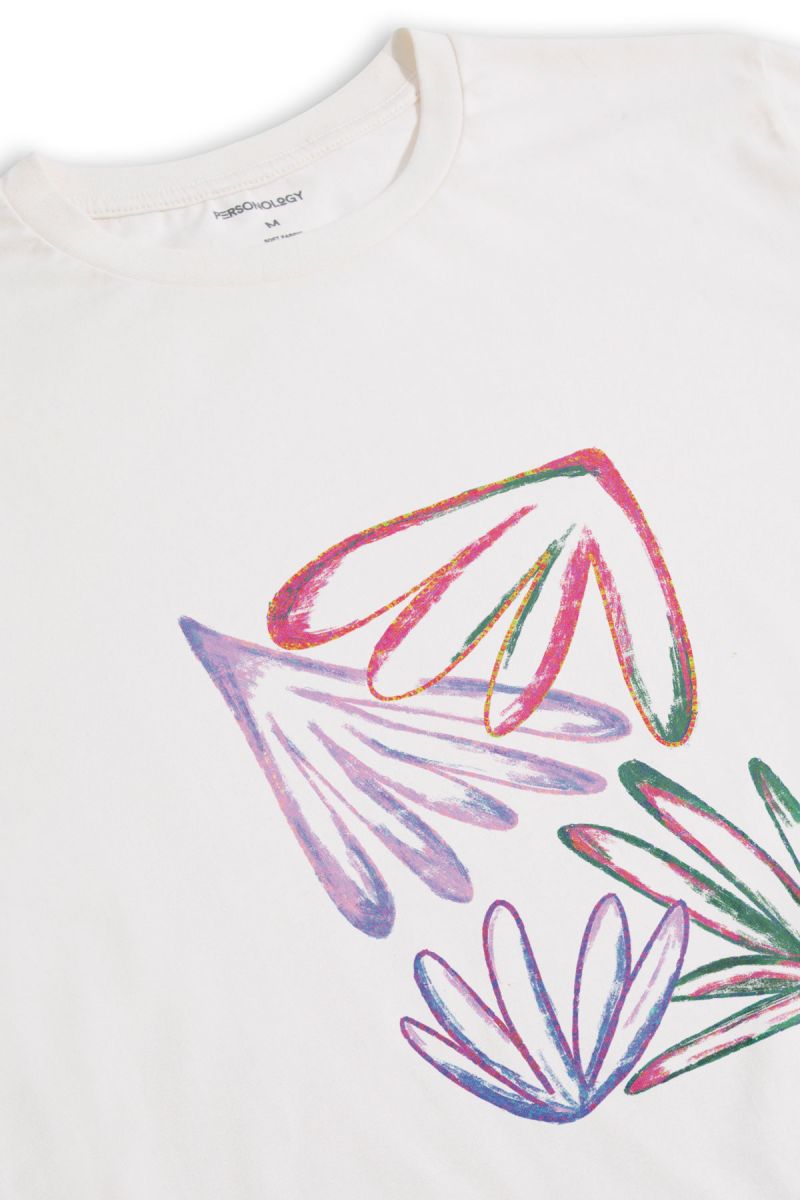 Off White Soft Fabric Acid Flower Design Short Sleeve Tee