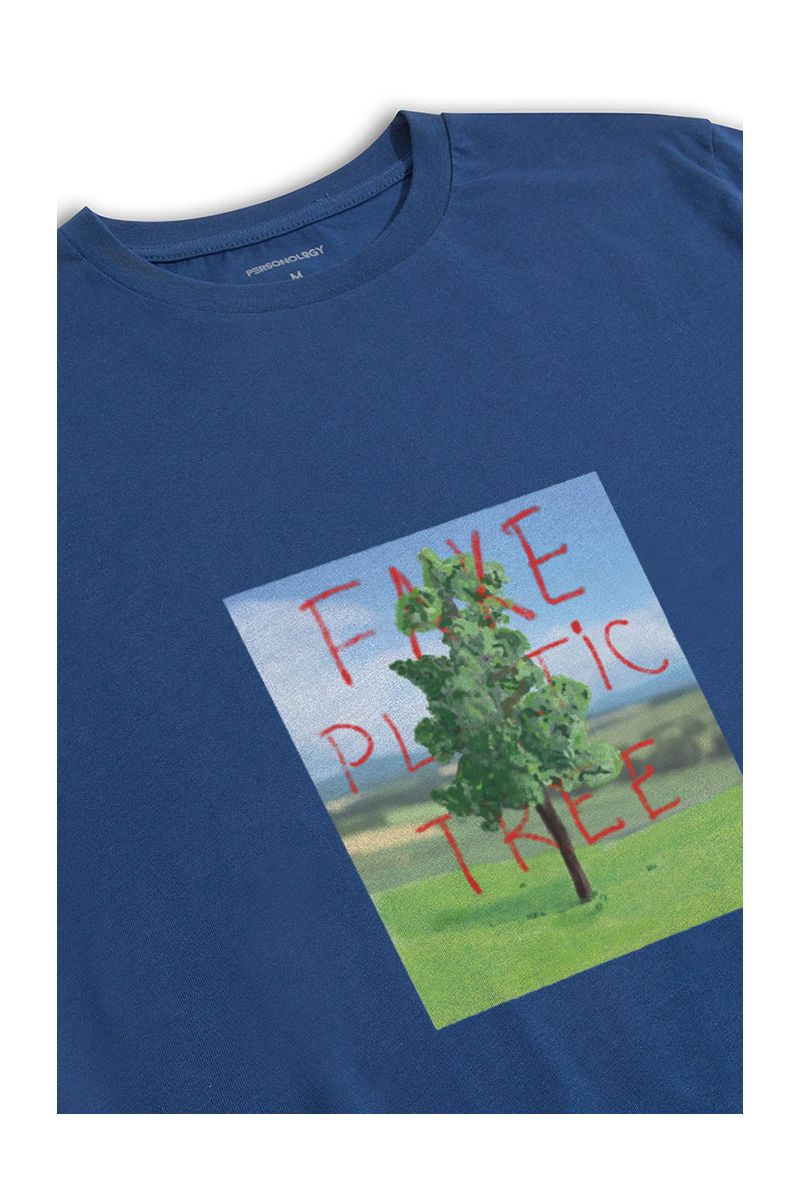 Navy Soft Fabric Plastic Tree Design Short Sleeve Tee