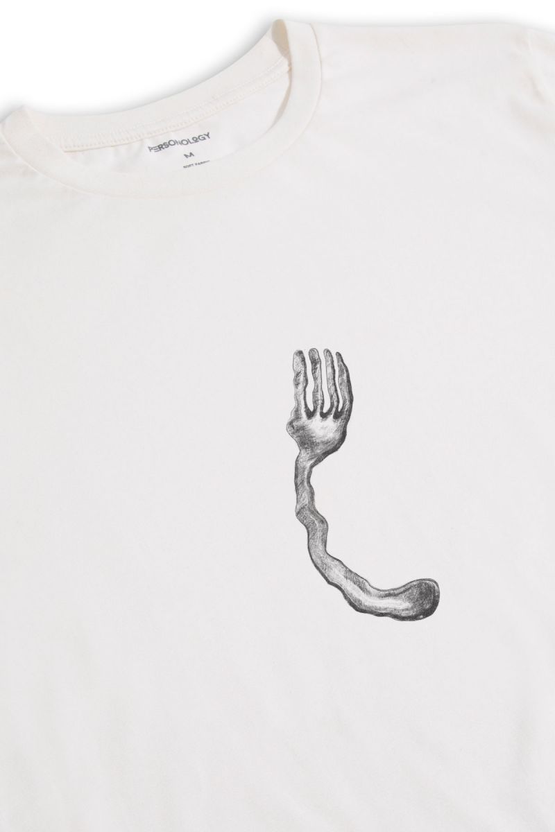 Off White Soft Fabric Silver Fork Design Short Sleeve Tee