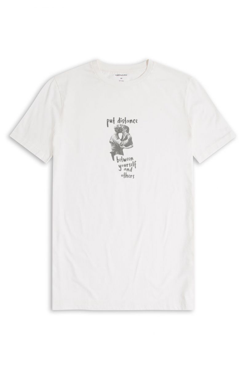 Off White Soft Fabric Put Distance Design Short Sleeve Tee