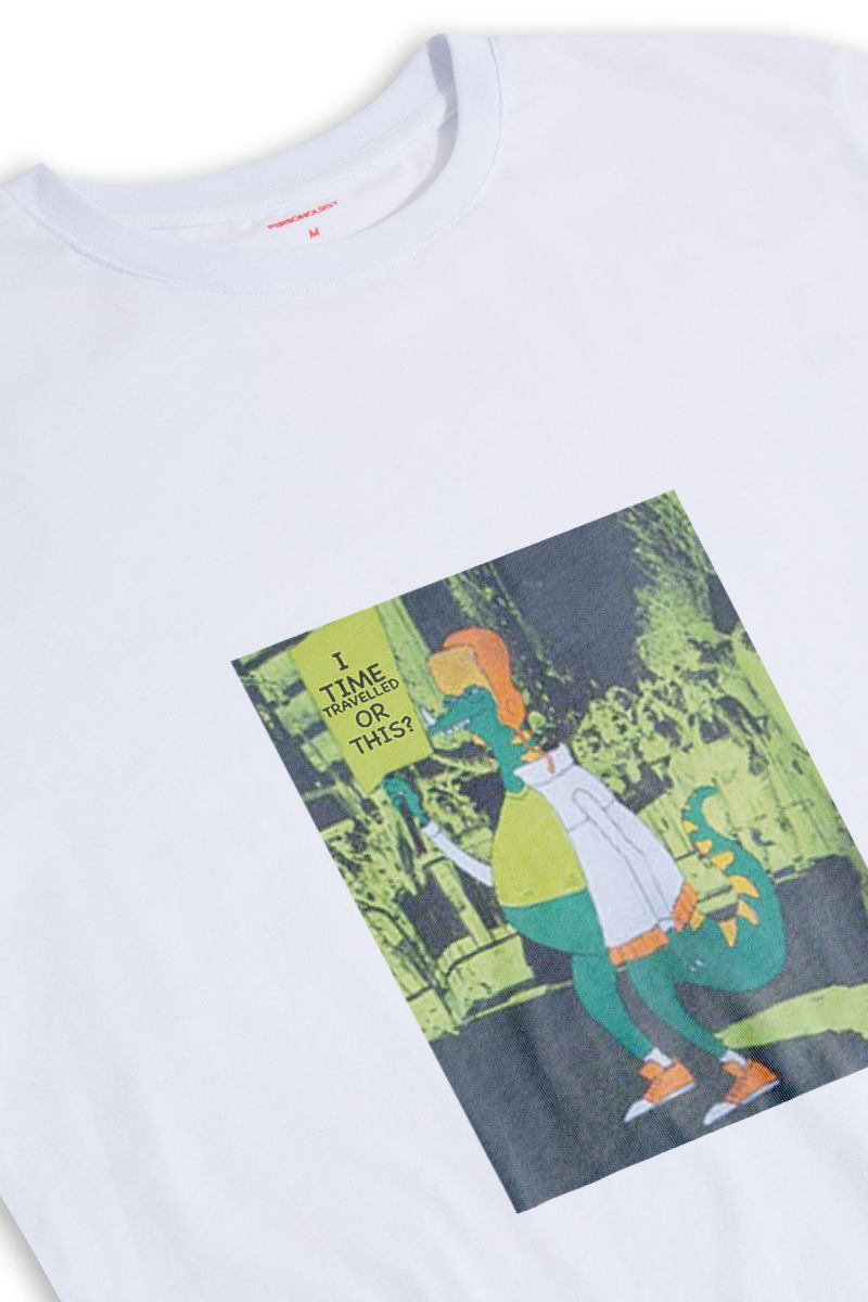 White Soft Fabric Time Travel Design Short Sleeve Tee