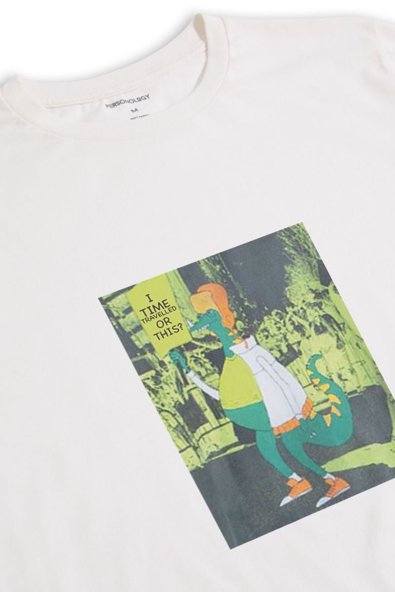 Off White Soft Fabric Time Travel Design Short Sleeve Tee