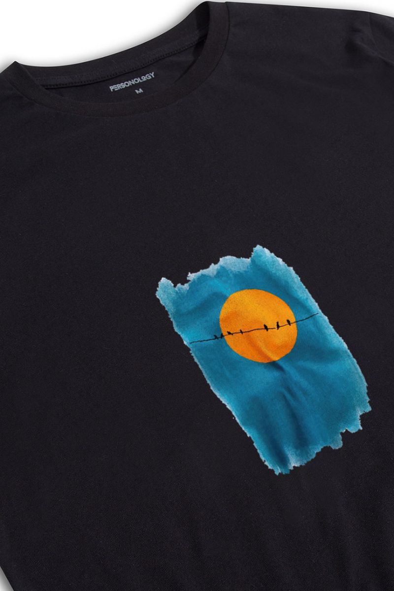 Black Soft Fabric Birds Design Short Sleeve Tee