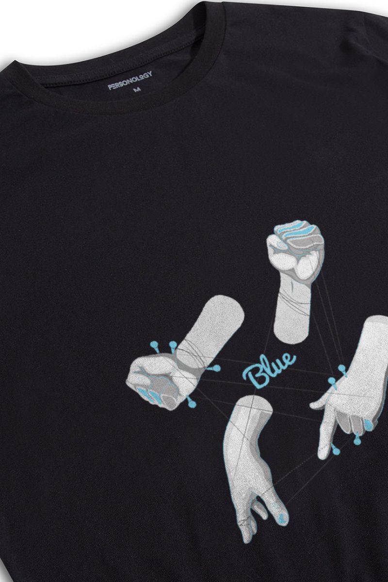 Black Soft Fabric Blue Hands Design Short Sleeve Tee