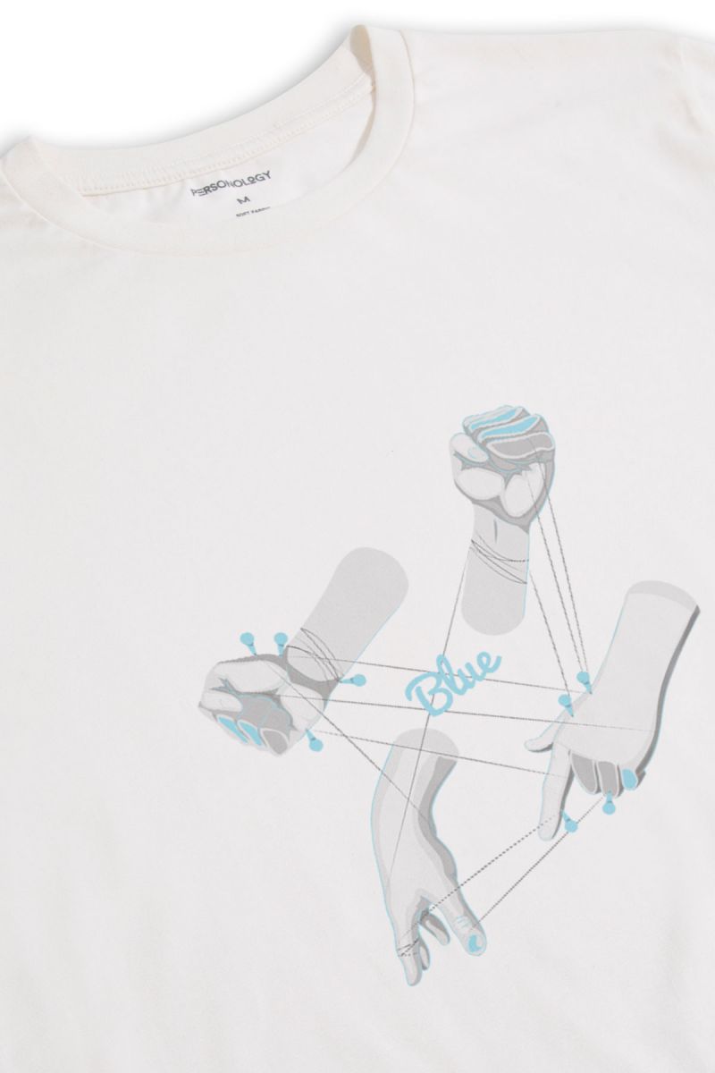 Off White Soft Fabric Blue Hands Design Short Sleeve Tee
