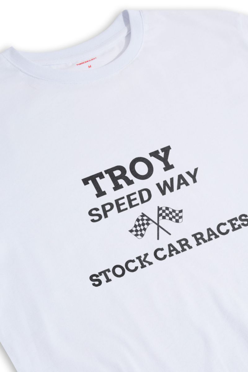 White Soft Fabric Troy Speedway Design Short Sleeve Tee