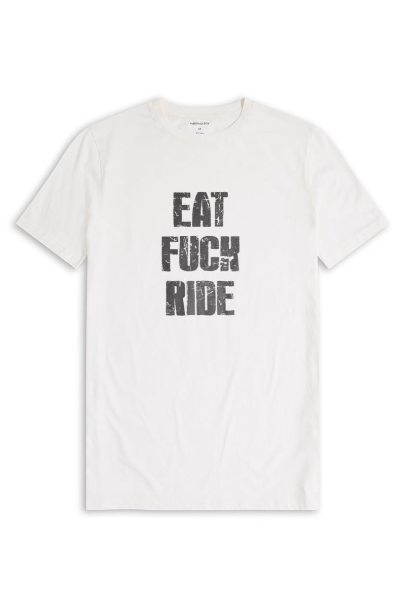 Off White Soft Fabric eat f**k ride Design Short Sleeve Tee