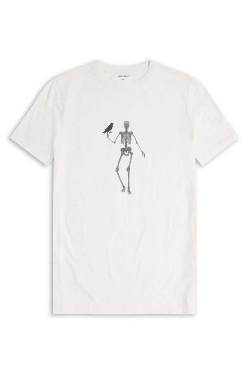 Off White Soft Fabric Skeleton Design Short Sleeve Tee