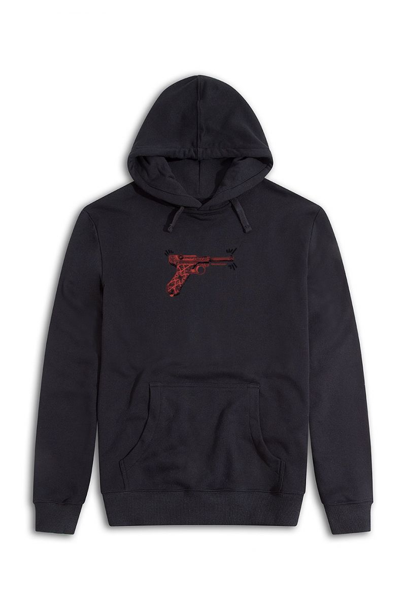 Black Premium Cotton GUN Design Pullover Hoodie