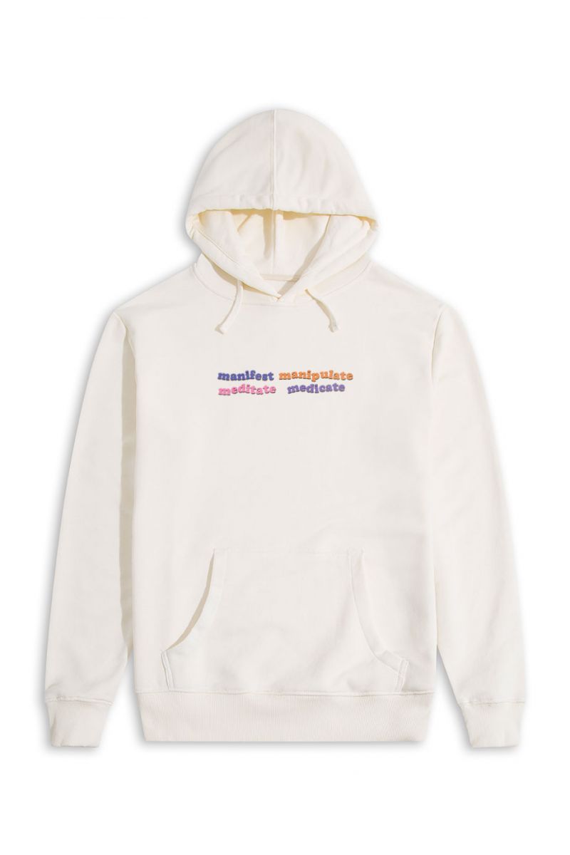 Ecru Premium Cotton manifest manipulate meditate medicate Design Pullover Hoodie