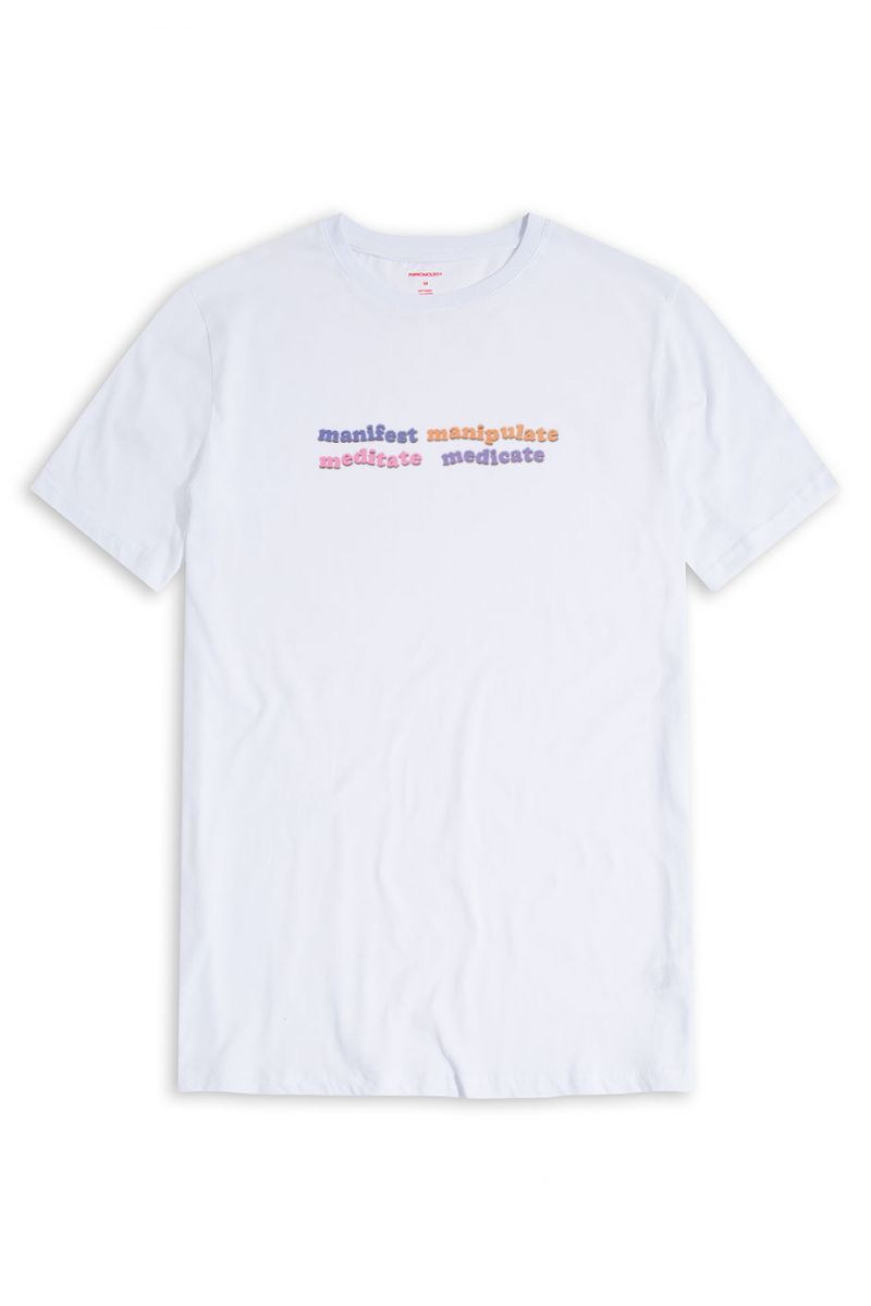 White Soft Fabric manifest manipulate meditate medicate Design Short Sleeve Tee