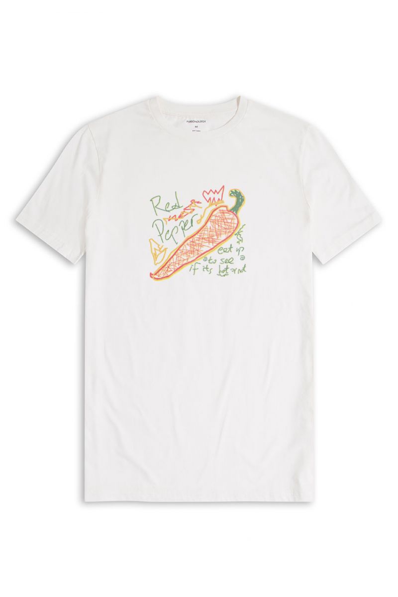 Off White Soft Fabric Red Hot Pepper, Eat up to see if it is hot or not Design Short Sleeve Tee