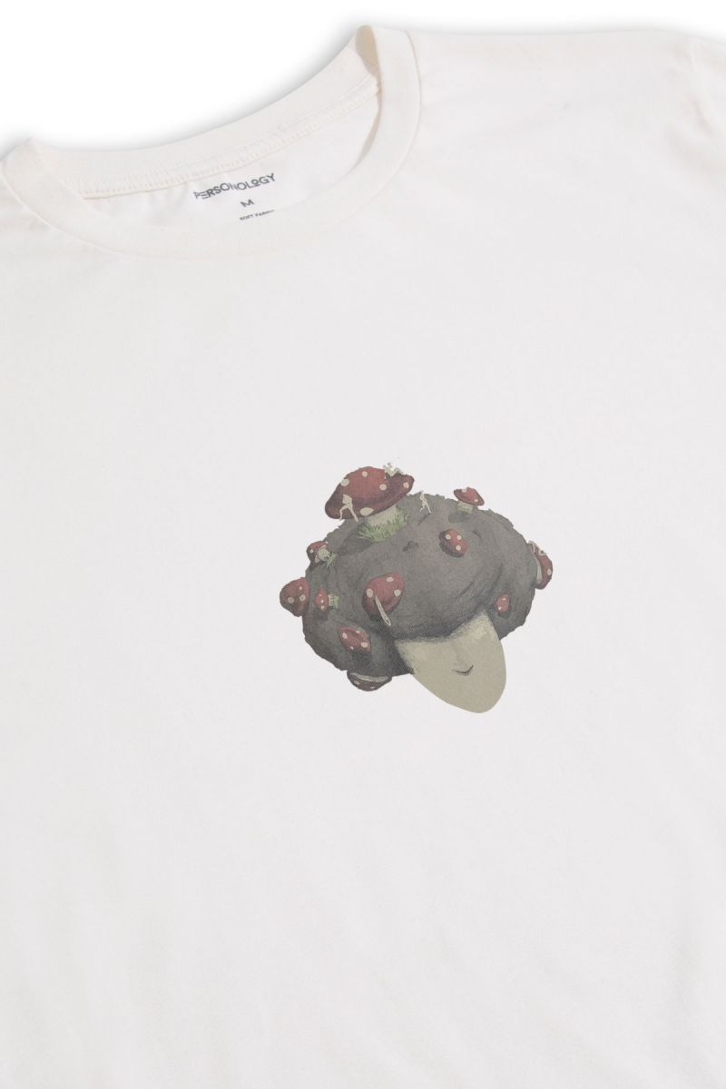 Off White Soft Fabric Soil Mushroom Design Short Sleeve Tee