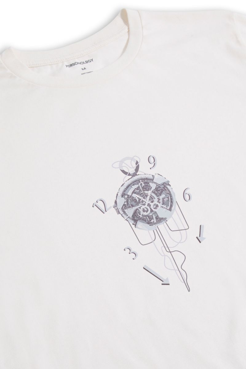Off White Soft Fabric Art of Time Design Short Sleeve Tee
