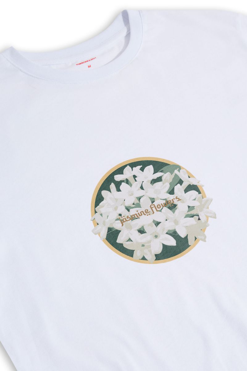White Soft Fabric Jasmine Flowers Design Short Sleeve Tee