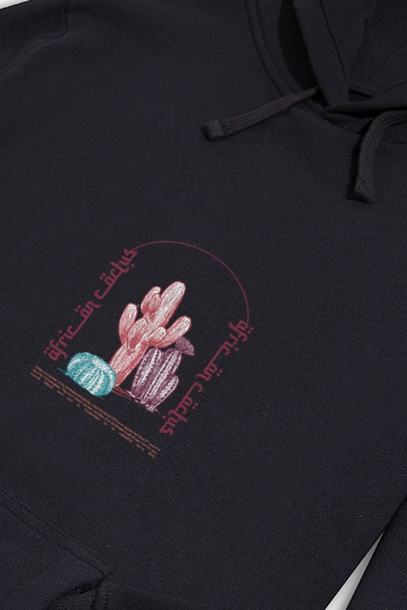 Black Premium Cotton African Cactus Design Pullover Hoodie