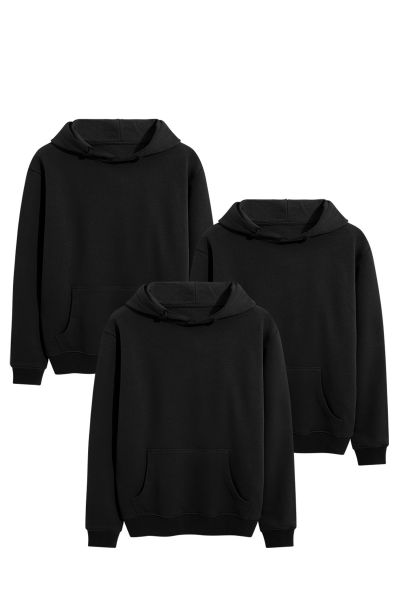 3 Pack Black Premium Cotton Basic Design Pullover Hoodie